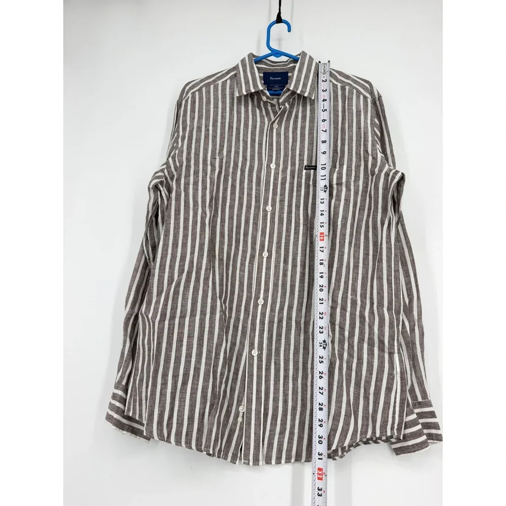 Faconnable Club Deauville Brown/Tan White Striped 100% Linen Shirt Mens Large